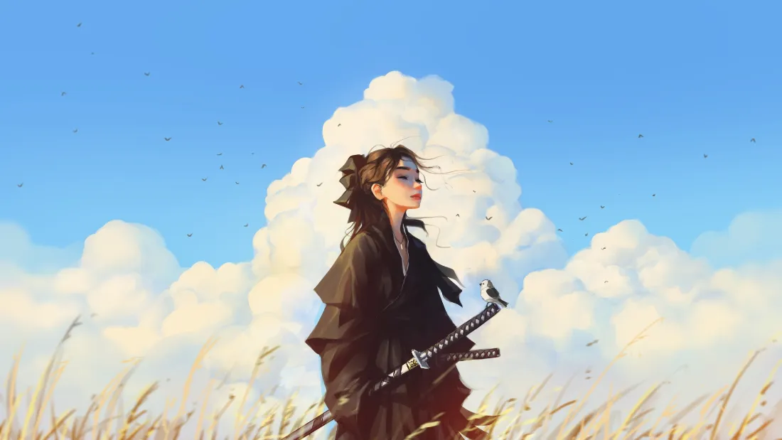 2k动漫武士壁纸｜麦田蓝天背景图片 - 潇洒好看「哲风壁纸」