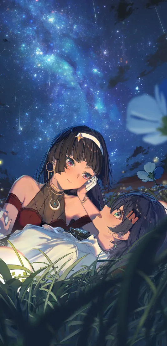 动漫情侣星空手机壁纸｜草地夜晚 - 花朵「哲风壁纸」