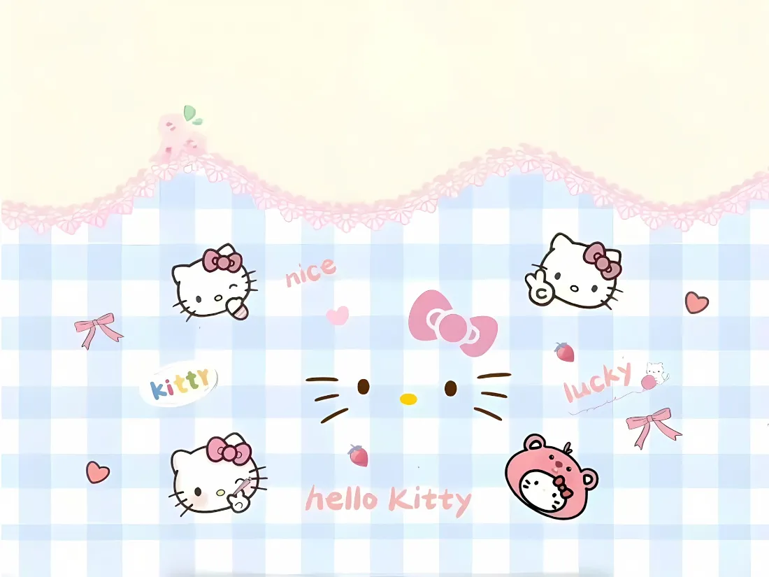 2k凯蒂猫壁纸｜粉蓝格子背景 - Hello Kitty「哲风壁纸」