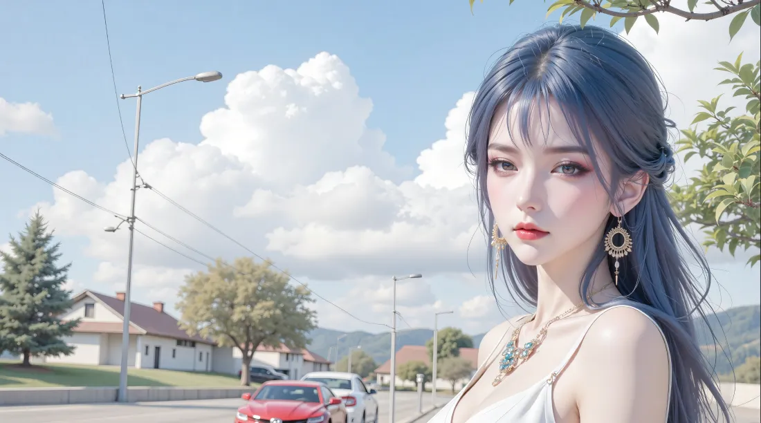 3k蓝发美女壁纸｜街道天穹 - 户外「哲风壁纸」