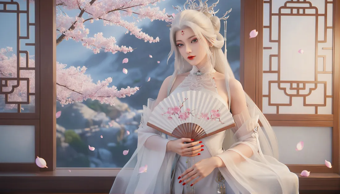 6k诛仙小白壁纸｜古风樱花背景图片 - 白发折扇「哲风壁纸」