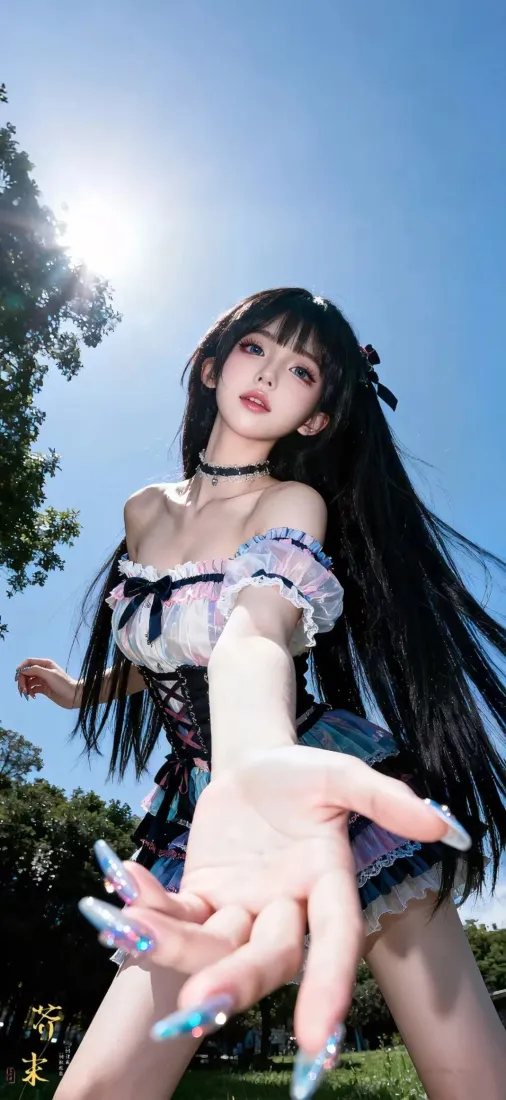 黑长直美女手机壁纸｜蓝天背景 - 蓝甲洛丽塔「哲风壁纸」