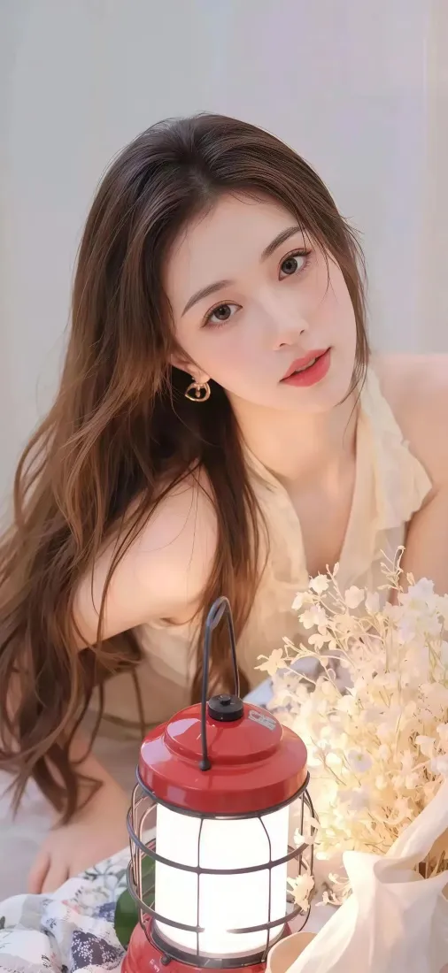 长发美女手机壁纸｜花束背景 - 红色灯「哲风壁纸」