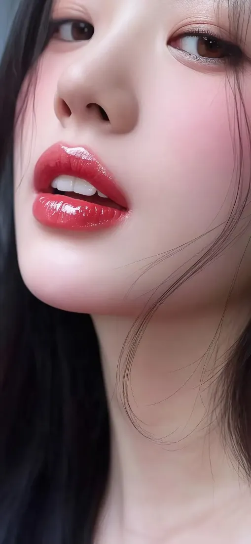 红唇美女手机壁纸｜精致腮红背景 - 黑发白皙「哲风壁纸」
