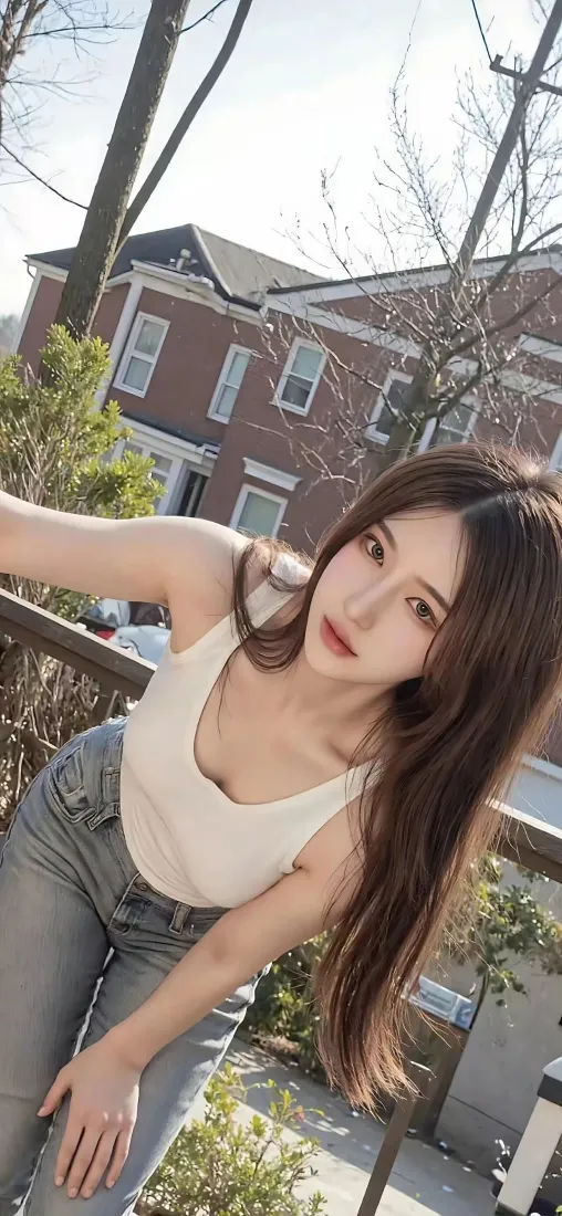 美女手机壁纸｜户外住宅背景图片 - 牛仔裤白背心「哲风壁纸」
