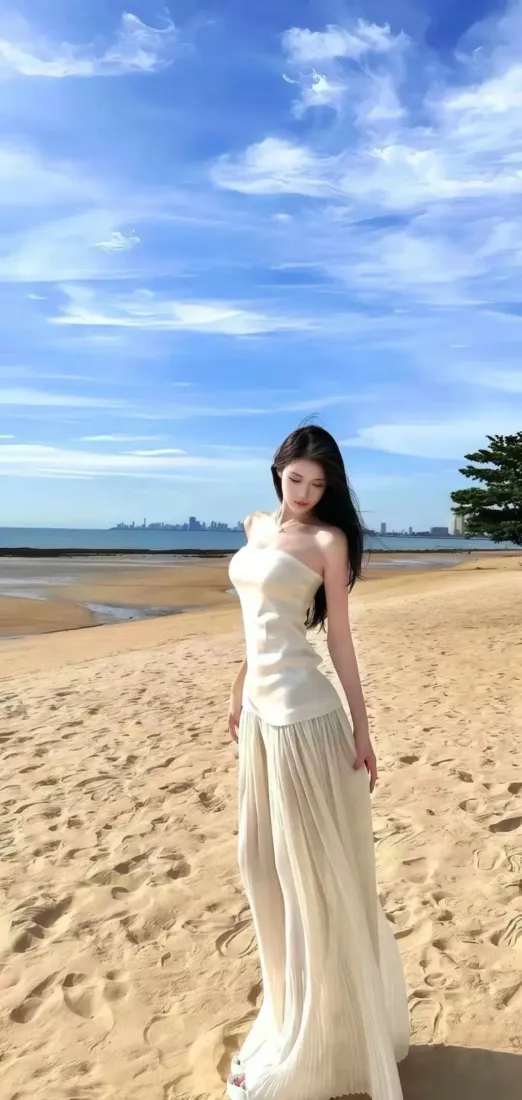 白衣美女手机壁纸｜海滩背景图 - 蓝天大海「哲风壁纸」