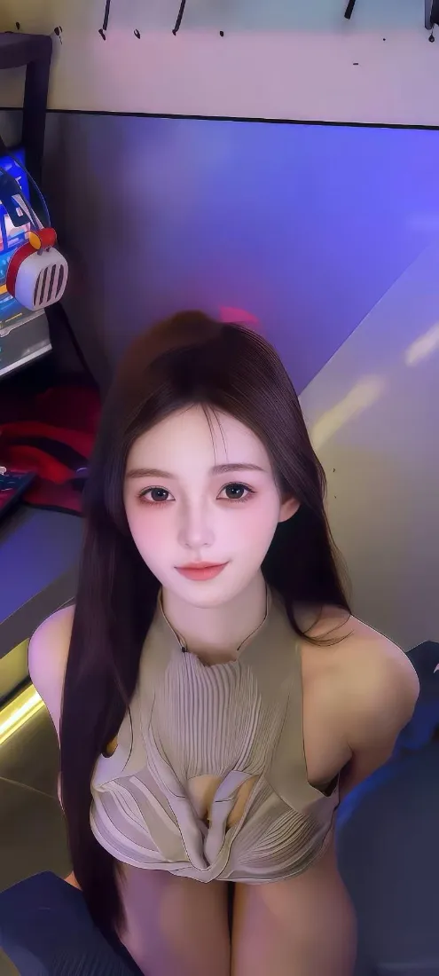 美女手机壁纸｜紫蓝灯背景 - 长发米色衣「哲风壁纸」