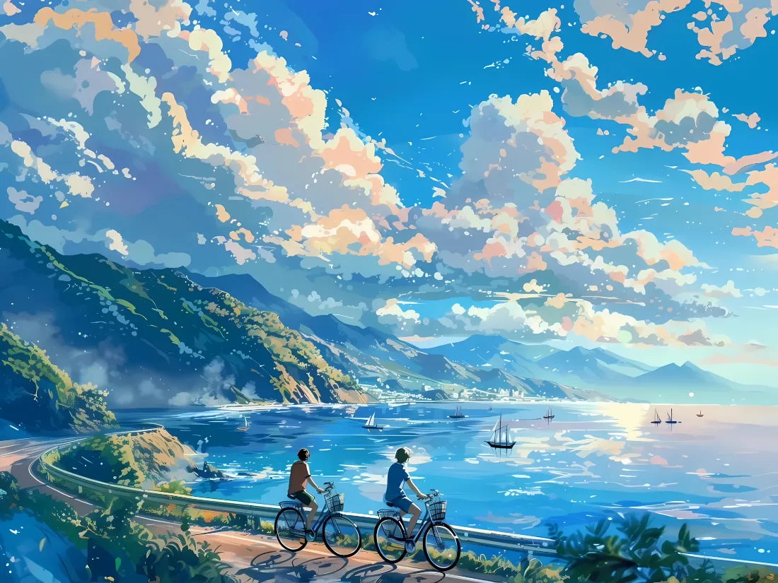 2k油画风海边骑行壁纸｜蓝天大海背景 - 山峦船只「哲风壁纸」