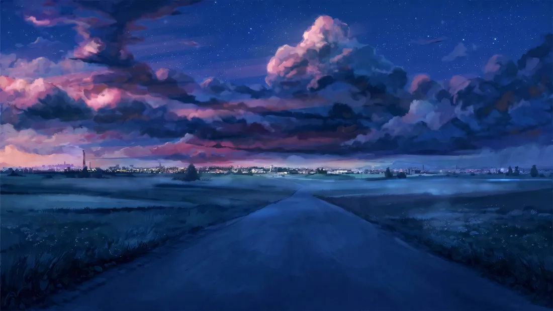 2k油画大道星空壁纸｜紫蓝夜景背景 - 云彩田野「哲风壁纸」