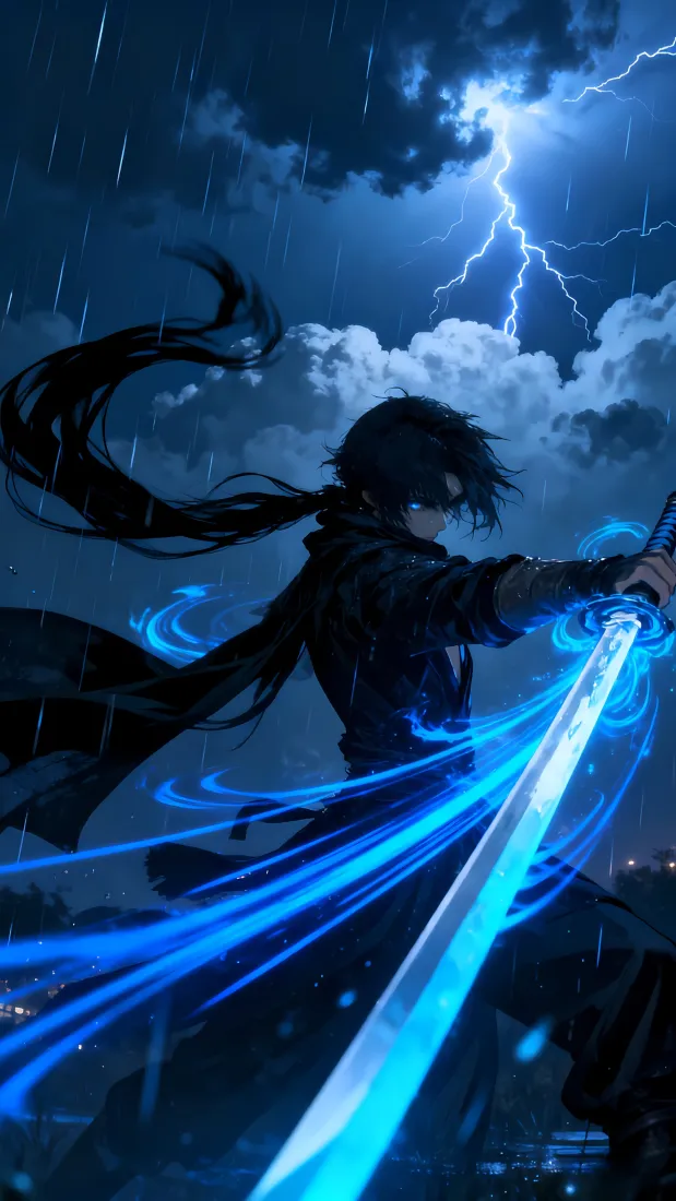 少年侠客手机壁纸｜雨夜闪电背景 - 蓝色剑光「哲风壁纸」