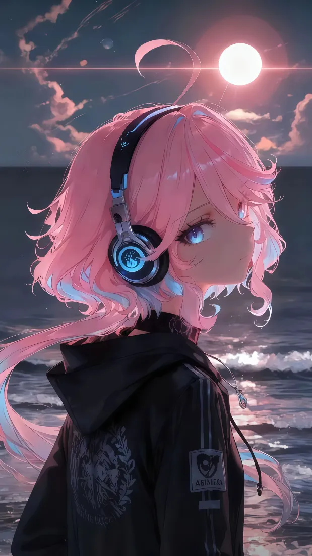 粉色头发少女手机壁纸｜海边日落背景 - 二次元耳机「哲风壁纸」