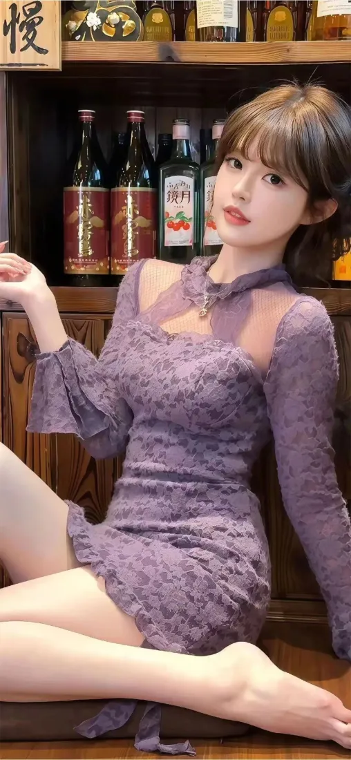 美女手机壁纸｜酒吧背景图片 - 紫色蕾丝裙「哲风壁纸」