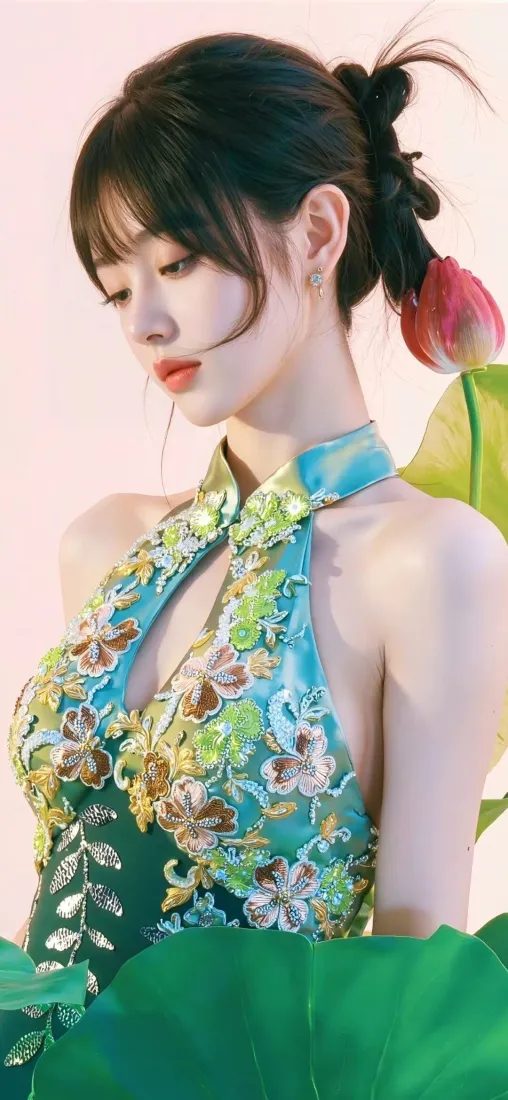 美女手机壁纸｜荷花背景图片 - 花饰旗袍「哲风壁纸」
