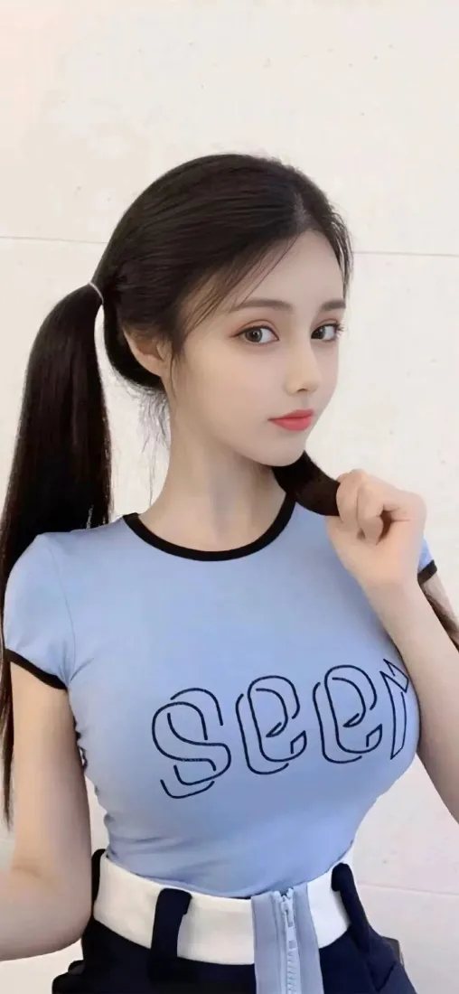 蓝衣美女Ios手机壁纸｜简约 - 马尾短袖「哲风壁纸」