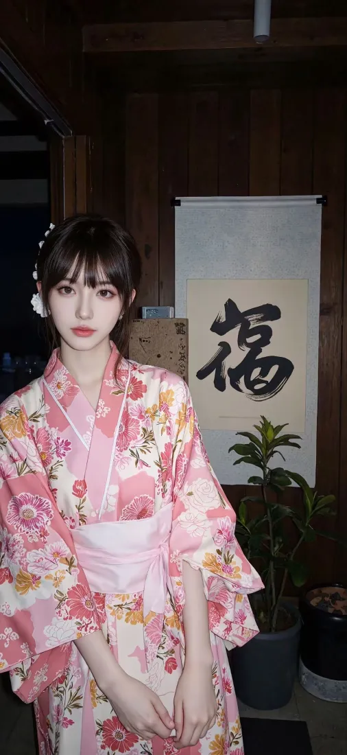 粉色和服美女手机壁纸｜日式福字背景 - 粉色和服「哲风壁纸」