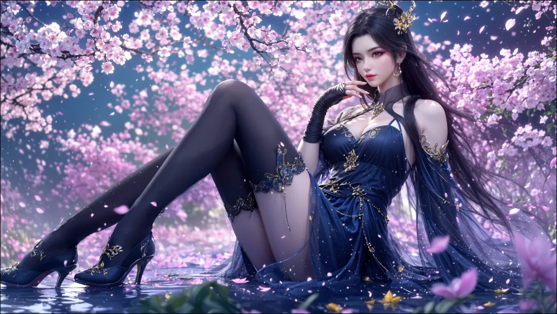 2k斗破苍穹壁纸｜樱花背景 - 古风美女黑丝「哲风壁纸」
