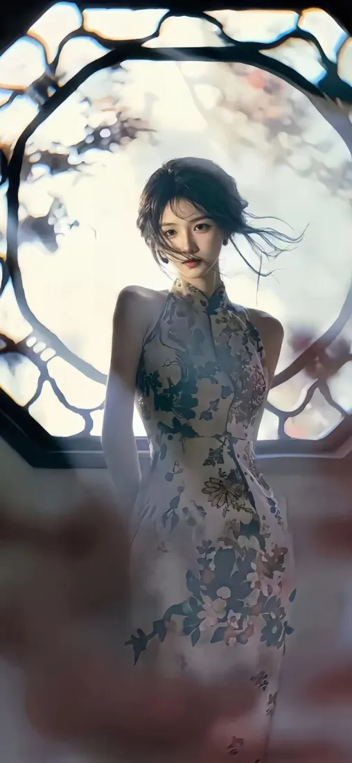旗袍美女手机壁纸｜古风花窗背景图片 - 国风艺术「哲风壁纸」