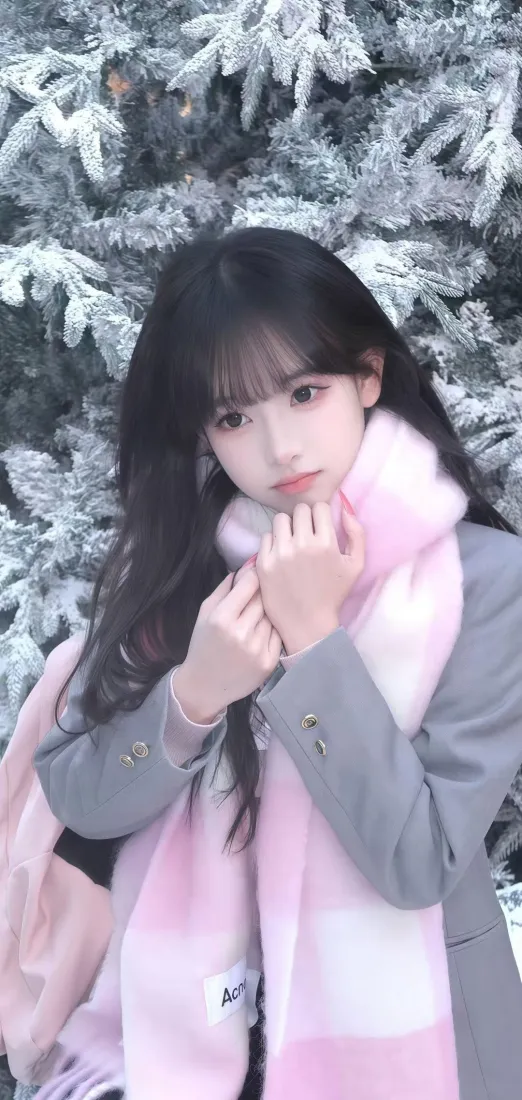 美女手机壁纸｜雪景背景 - 冬季粉色围巾「哲风壁纸」