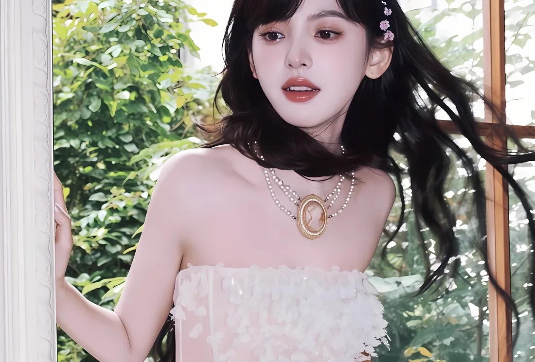 2k章若楠壁纸｜绿植背景 - 抹胸裙美女「哲风壁纸」