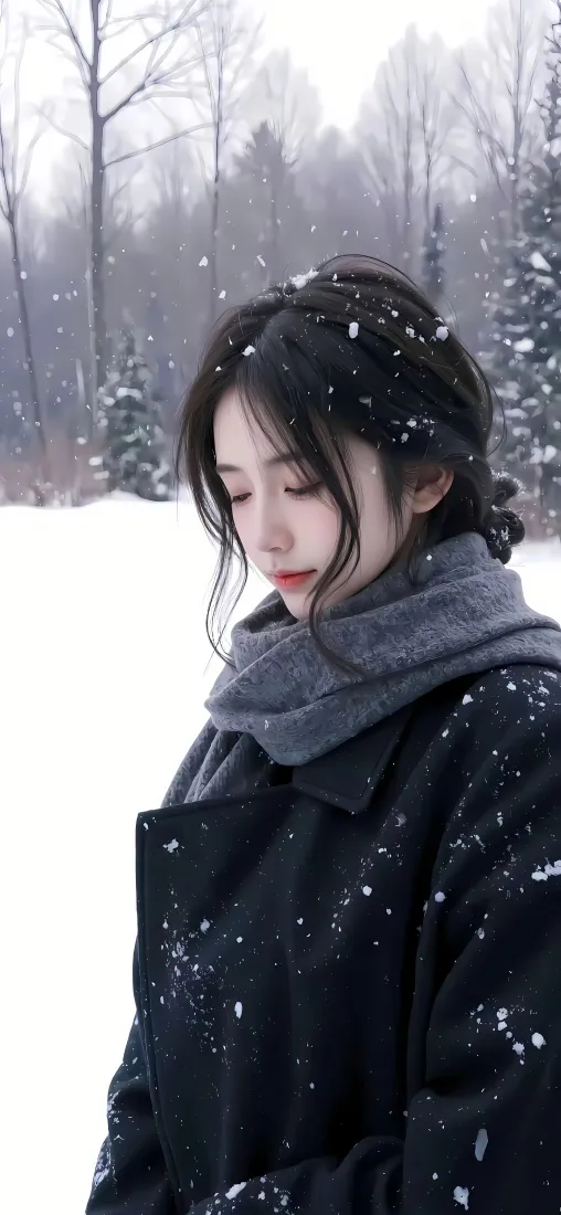 黑衣美女手机壁纸｜雪地树林背景图片 - 雪花飘落「哲风壁纸」
