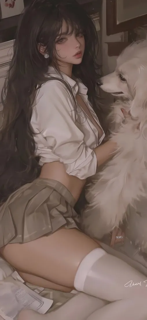 动漫女孩手机壁纸｜白丝短裙 - 宠物狗「哲风壁纸」
