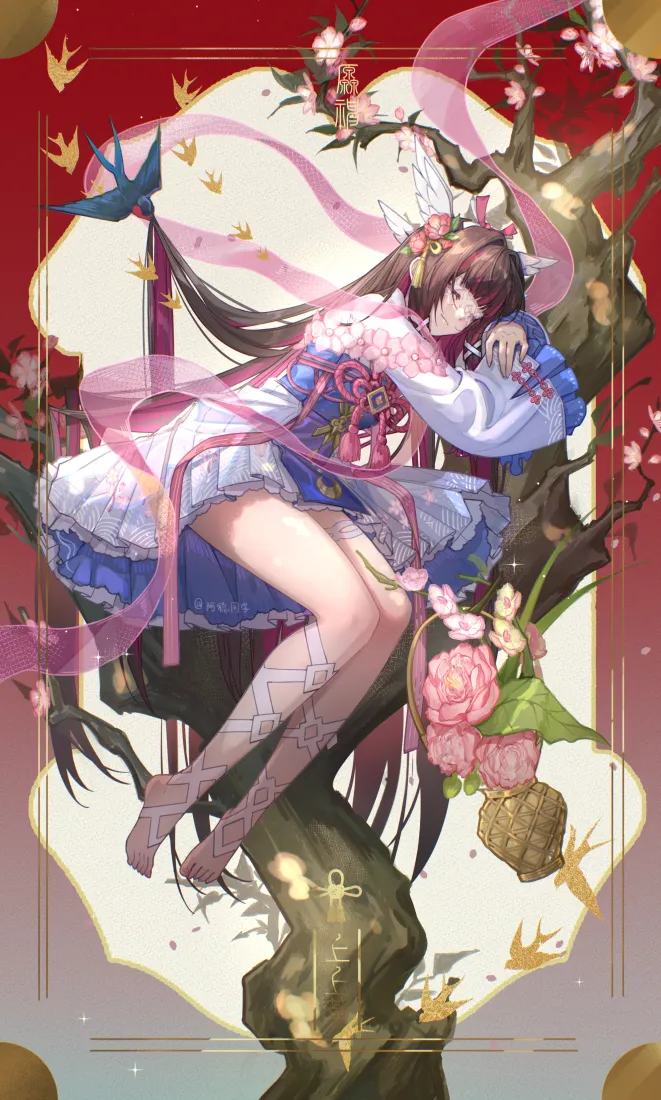 古风少女手机壁纸｜红底 - 二次元飘带树干「哲风壁纸」