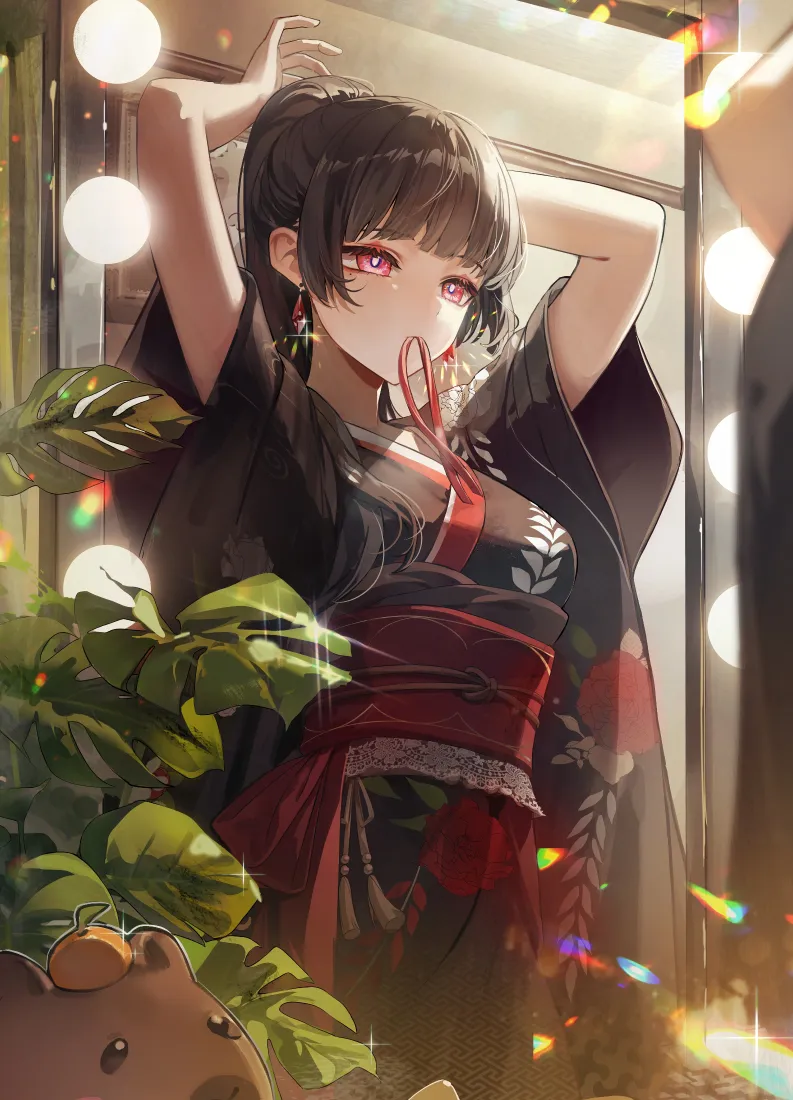 千咲手机壁纸｜镜前绿植背景 - 鸣潮和服「哲风壁纸」