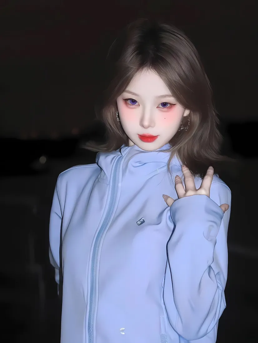 美女手机壁纸｜夜晚背景图 - 浅蓝色外套「哲风壁纸」