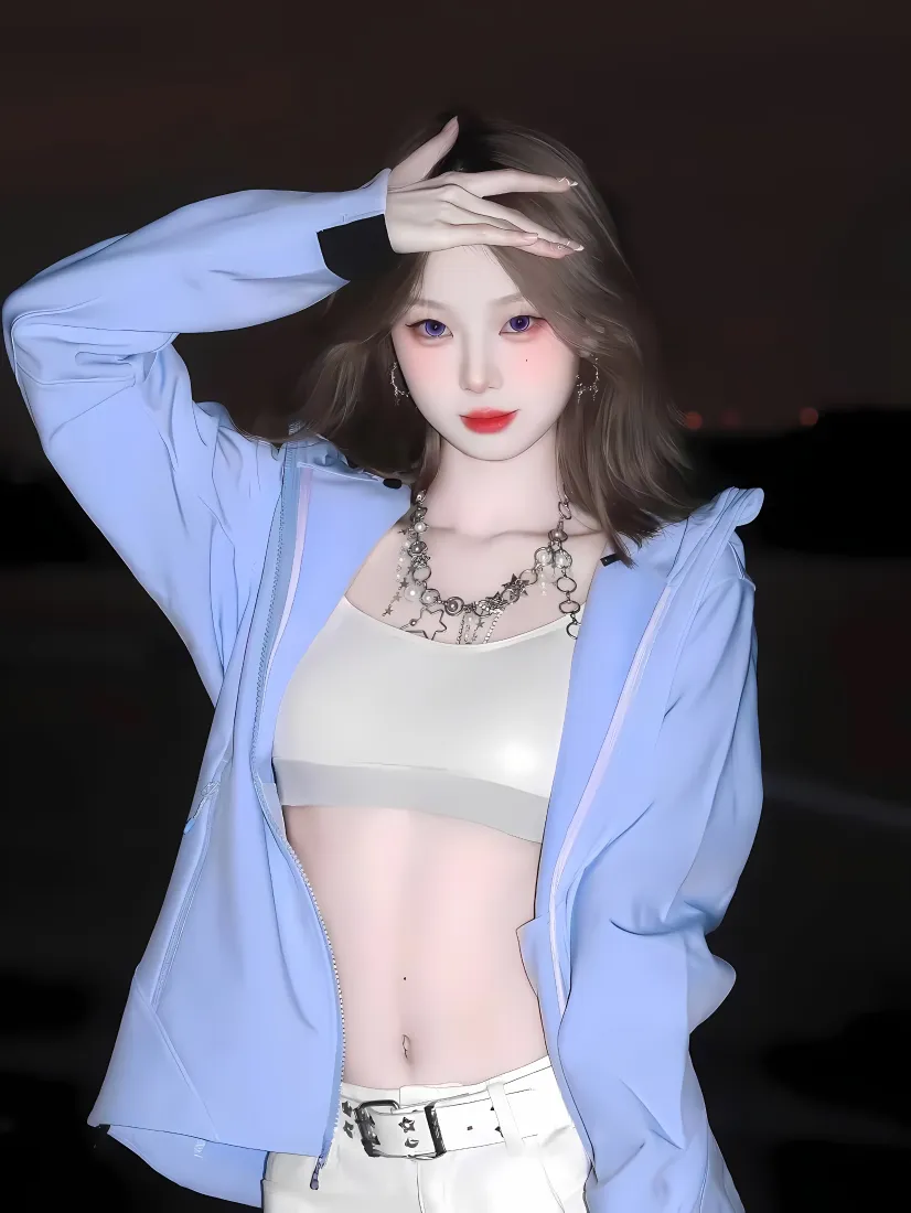 美女手机壁纸｜夜晚背景图 - 蓝色外套「哲风壁纸」