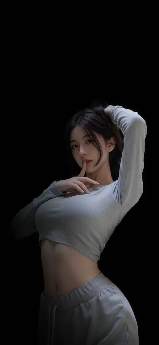 灰色露脐美女手机壁纸｜黑色背景 - 性感迷人「哲风壁纸」