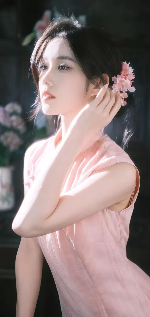 粉色旗袍美女手机壁纸｜古风背景 - 花朵「哲风壁纸」