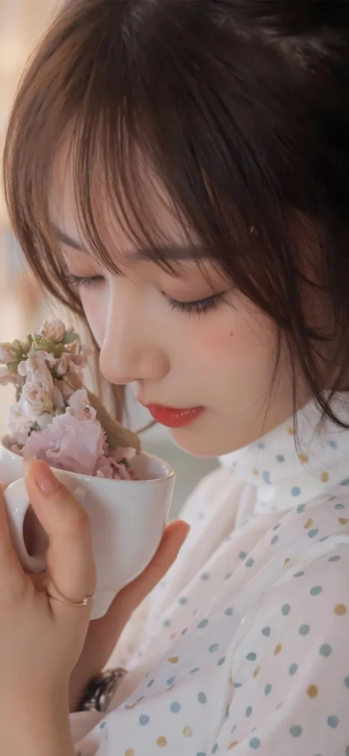 白衣美女手机壁纸｜碎花衣背景 - 闻花红唇「哲风壁纸」