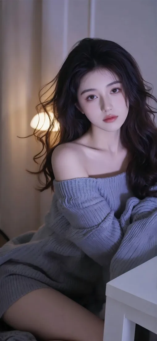 美女手机壁纸｜室内背景图片 - 灰色露肩毛衣「哲风壁纸」