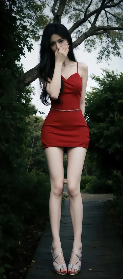 红衣美女手机壁纸｜树林背景图片 - 短裙高跟鞋「哲风壁纸」