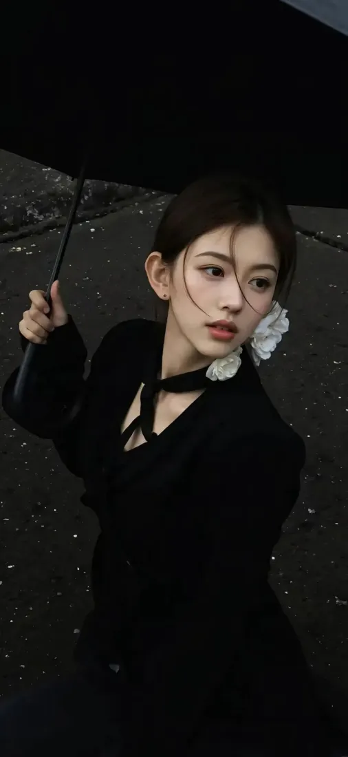 黑衣美女手机壁纸｜雨夜背景 - 黑伞白花Ios「哲风壁纸」