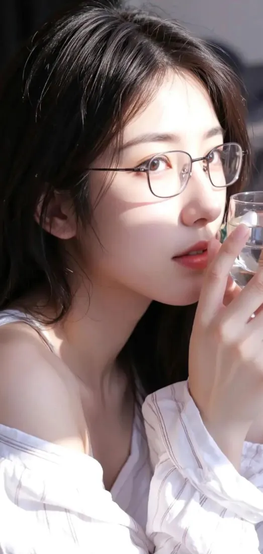 Ios美女手机壁纸｜眼镜白衣背景 - 手持玻璃杯「哲风壁纸」