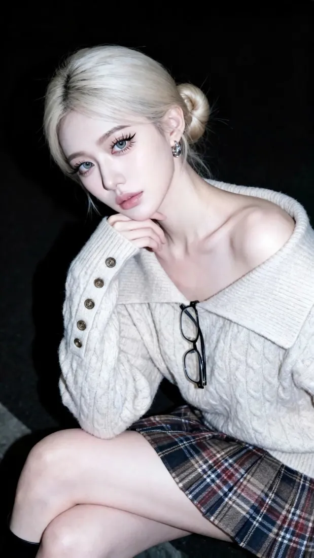 金发美女Ios手机壁纸｜格纹裙 - 白毛衣「哲风壁纸」