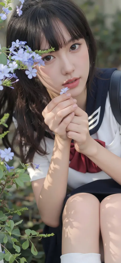 JK制服美女手机壁纸｜蓝花背景图 - 清纯校园风「哲风壁纸」