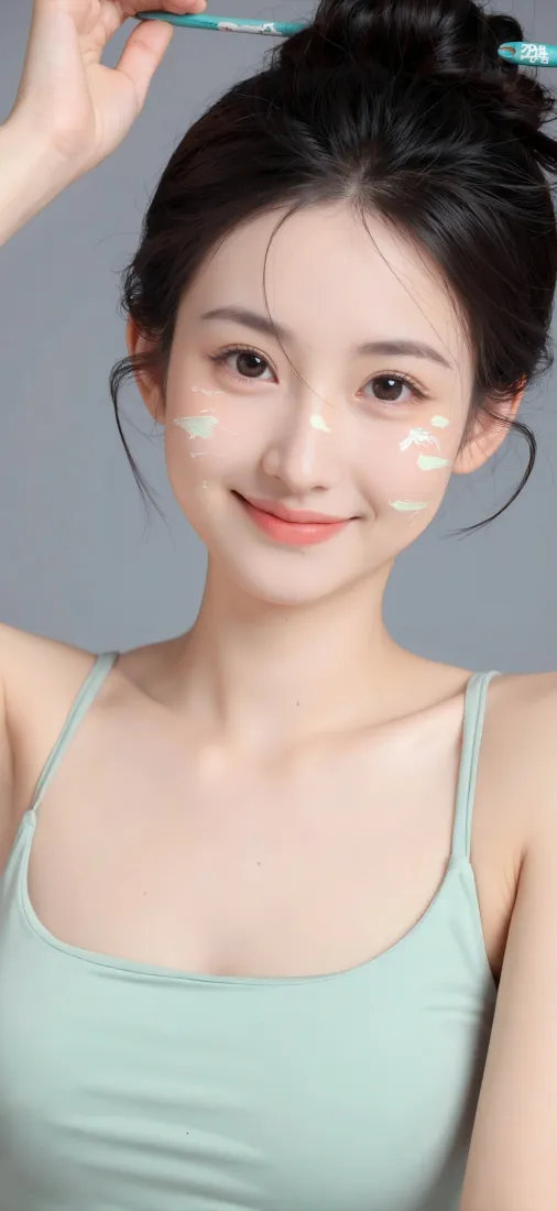 美女手机壁纸｜浅绿色吊带背景图片 - 发簪丸子头「哲风壁纸」