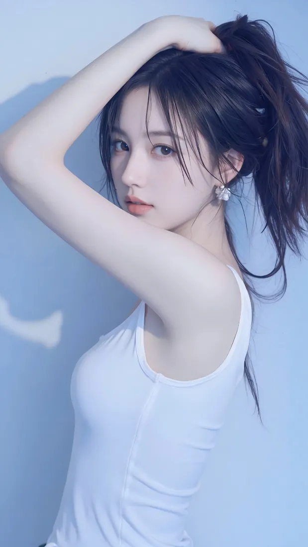 白衣美女手机壁纸｜蓝色背景图片 - 扎发「哲风壁纸」