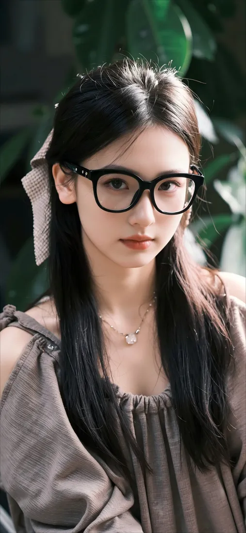 黑框眼镜美女手机壁纸｜绿植背景图片 - Ios「哲风壁纸」