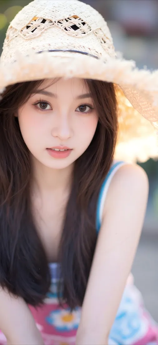 草帽美女手机壁纸｜清新背景 - 彩色裙「哲风壁纸」