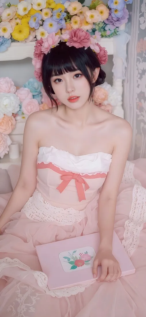 粉色连衣裙美女手机壁纸｜花墙背景 - 甜美「哲风壁纸」