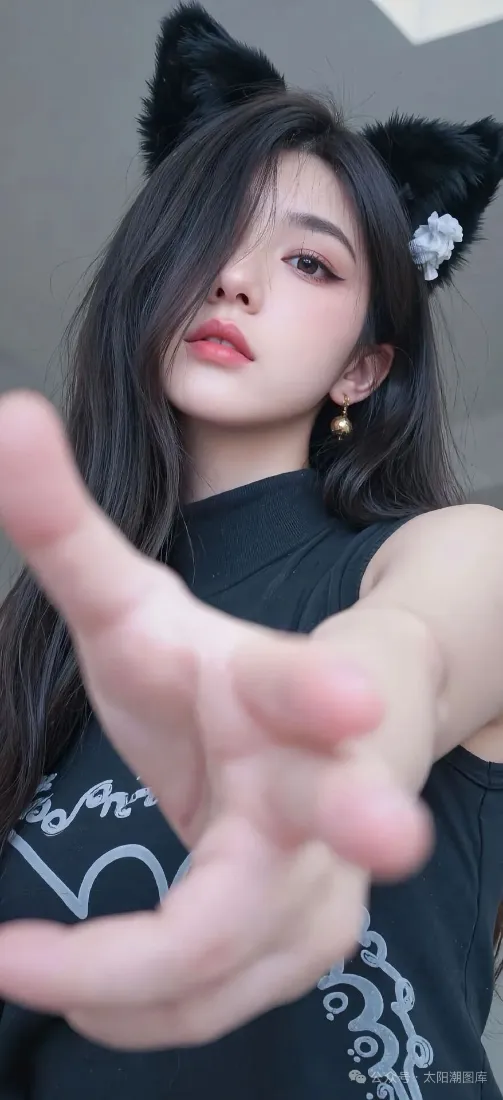 猫耳美女手机壁纸｜黑衣美女背景图 - 伸手互动「哲风壁纸」