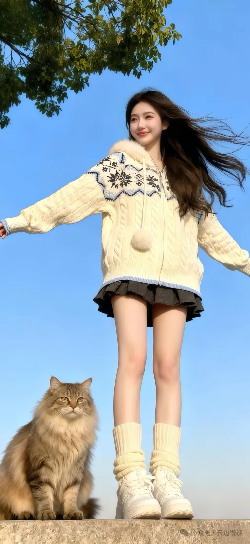 美女与猫手机壁纸｜蓝天背景 - 毛衣短裙「哲风壁纸」