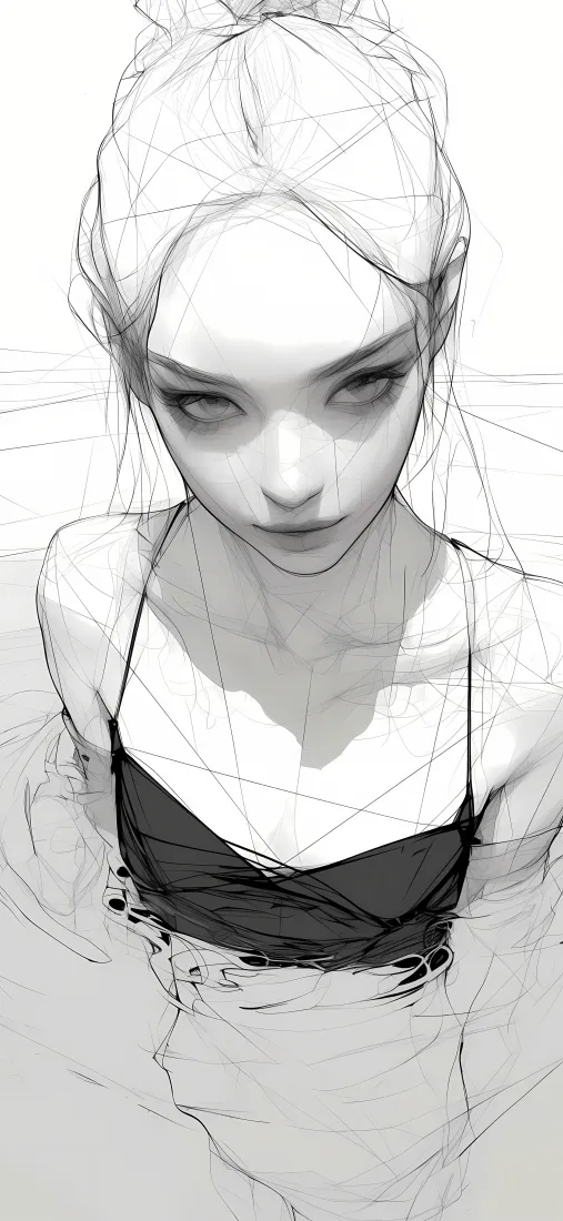 线条女孩水中手机壁纸｜黑白泳衣插画 - 艺术「哲风壁纸」