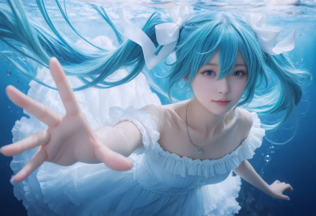 3k初音壁纸｜水下背景图片 - 白裙美少女「哲风壁纸」