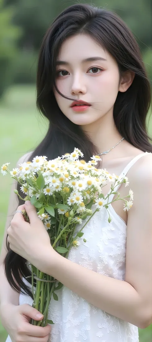 白衣美女雏菊手机壁纸｜户外草地背景 - 清新「哲风壁纸」