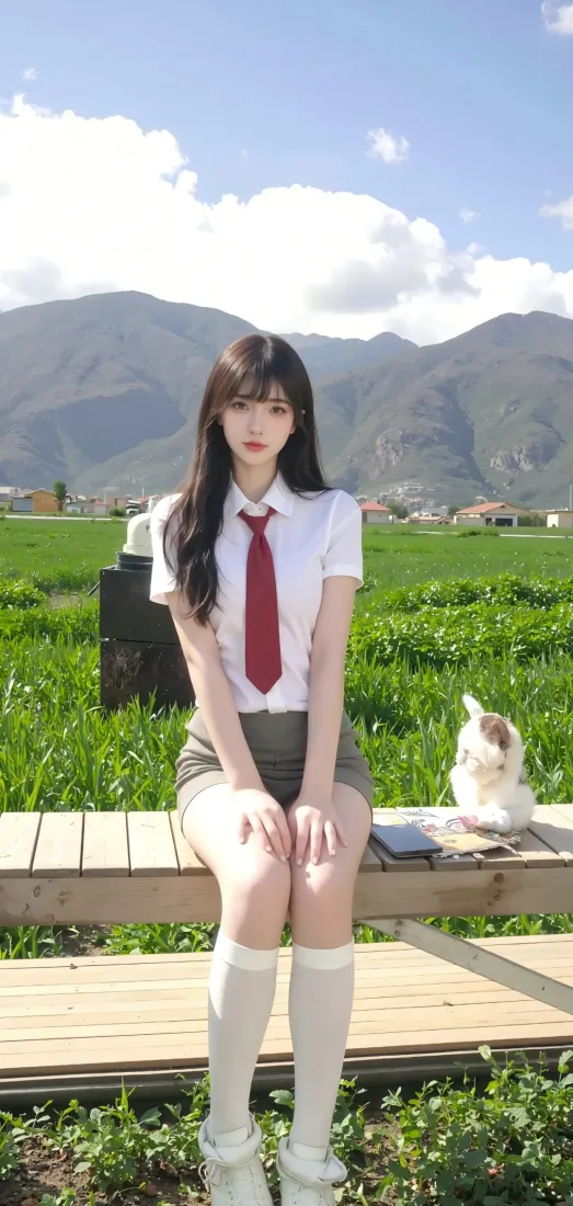 校服美女手机壁纸｜草地背景 - 兔子相伴「哲风壁纸」