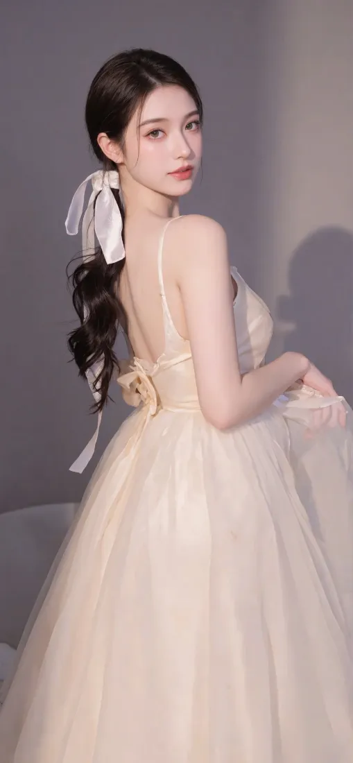 米色礼服美女手机壁纸｜优雅背景图片 - 丝带长发「哲风壁纸」